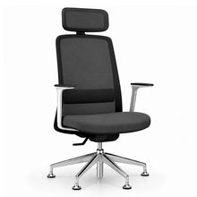 Load image into Gallery viewer, Amari Office Chair Without Wheels, Shown in Anthracite Fabric with Adjustable Headrest & Fixed Polished Metal Arms