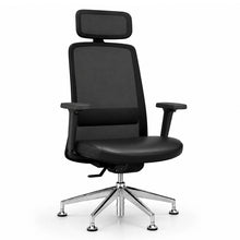 Load image into Gallery viewer, Amari Office Chair Without Wheels, Shown in Genuine Black Leather with Adjustable Headrest & 4D Armrests
