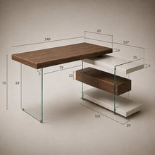 Load image into Gallery viewer, Lumen Walnut & Glass Corner Desk Measurement Diagram