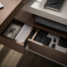 Load image into Gallery viewer, Lumen Walnut & Glass Corner Desk Drawerbox Details
