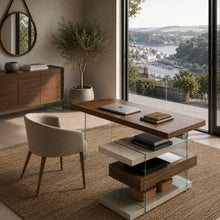 Load image into Gallery viewer, Lumen Walnut & Glass Corner Desk in Harbour Side Luxury Apartment