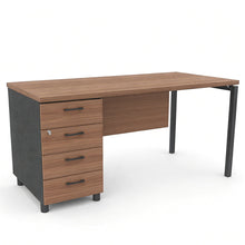 Load image into Gallery viewer, A contemporary office desk with drawers with modesty panel, in American Walnut finish and shadow grey legs
