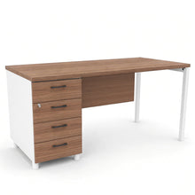 Load image into Gallery viewer, Mila office desk with modesty panel and four-drawer lockable unit. Finished in American Walnut with White legs.