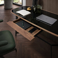 Load image into Gallery viewer, Obsidian Black Glass Desk Open Walnut Drawer Detail