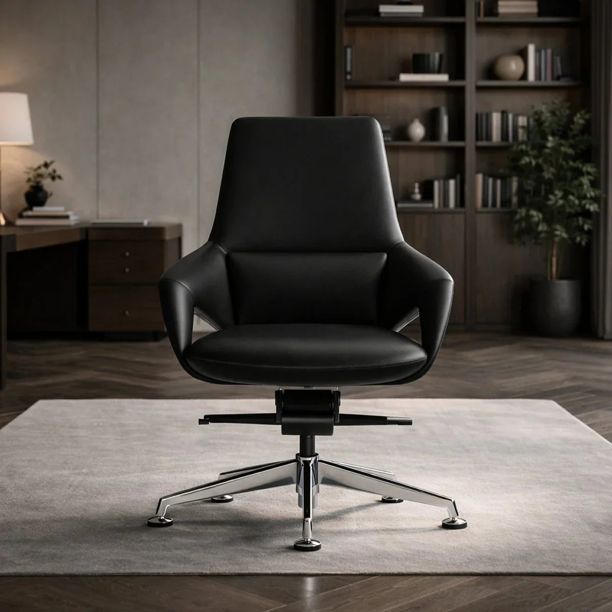 Executive office chair without wheels in a modern home office setting