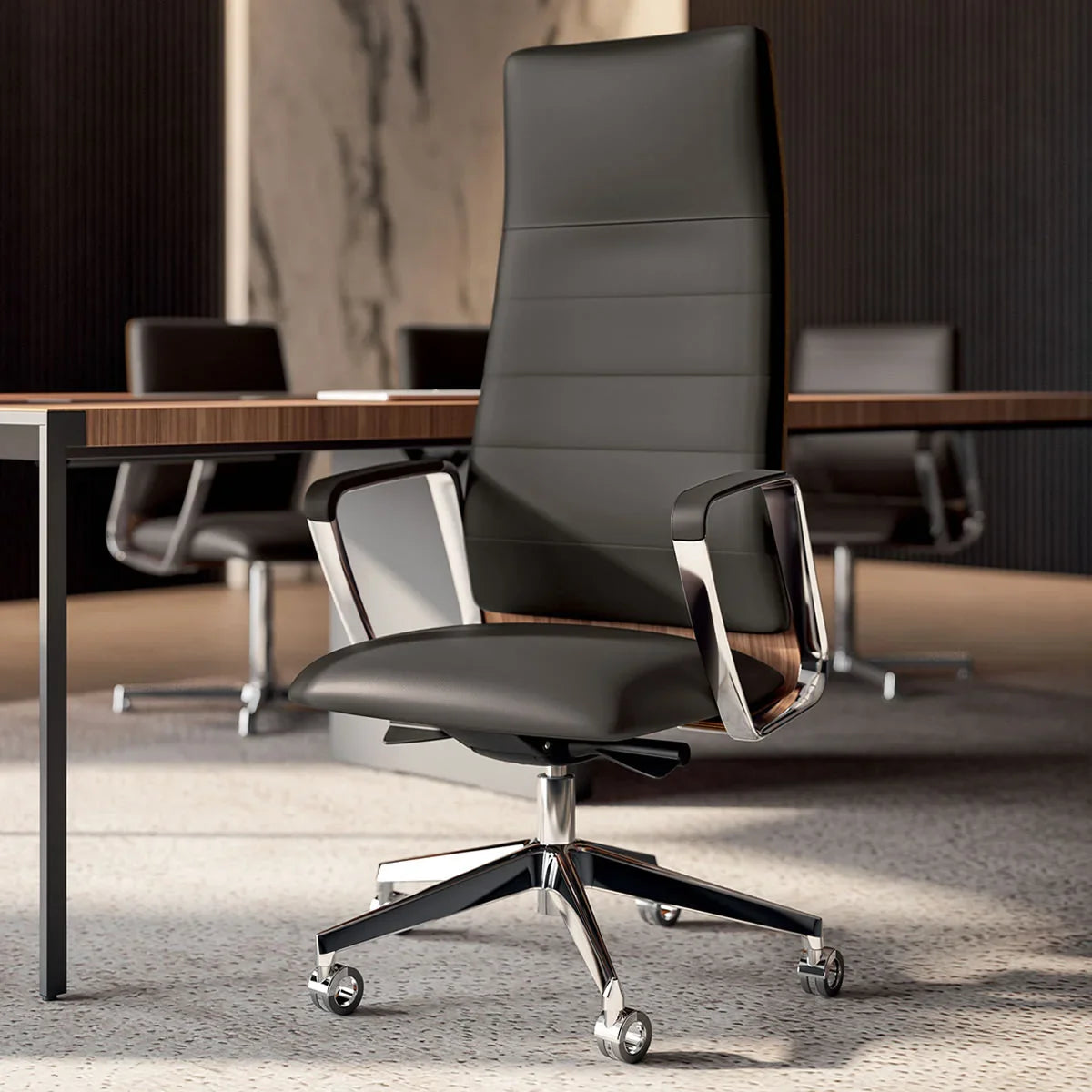 Modern black leather office chair in a contemporary executive workspace