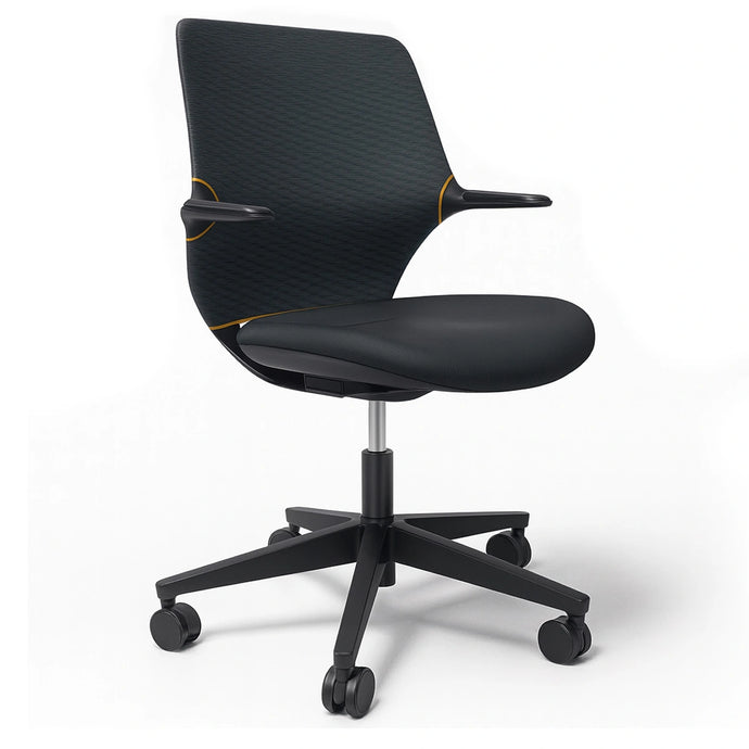 Allow Me Black swivel office chair with armrests on a white background