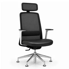 Load image into Gallery viewer, Amari Office Chair Without Wheels, Shown in Genuine Black Leather with Adjustable Headrest &amp; 4D Armrests
