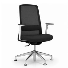 Load image into Gallery viewer, Amari Office Chair Without Wheels, Shown in Black Fabric with Fixed Polished Metal Arms 
