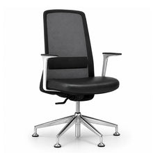 Load image into Gallery viewer, Amari Office Chair Without Wheels, Shown in Genuine Black Leather with Fixed Polished Metal Arms 
