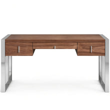 Load image into Gallery viewer, Cira contemporary desk with a walnut wood grain top, three drawers, and polished chrome legs, shown against a plain white background.
