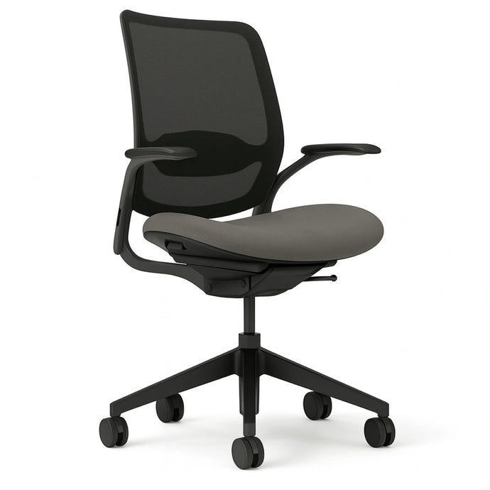 Black office chair with mesh backrest on a white background