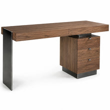 Load image into Gallery viewer, Ezra Home Office Desk in Walnut Wood &amp; Dark Chrome Detailing (Front Angled View)
