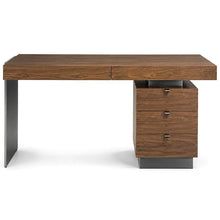 Load image into Gallery viewer, Ezra Home Office Desk in Walnut Wood &amp; Dark Chrome Detailing (Front View)
