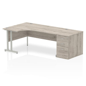 180cm Grey Oak Corner Office Desk Silver Leg Right Hand