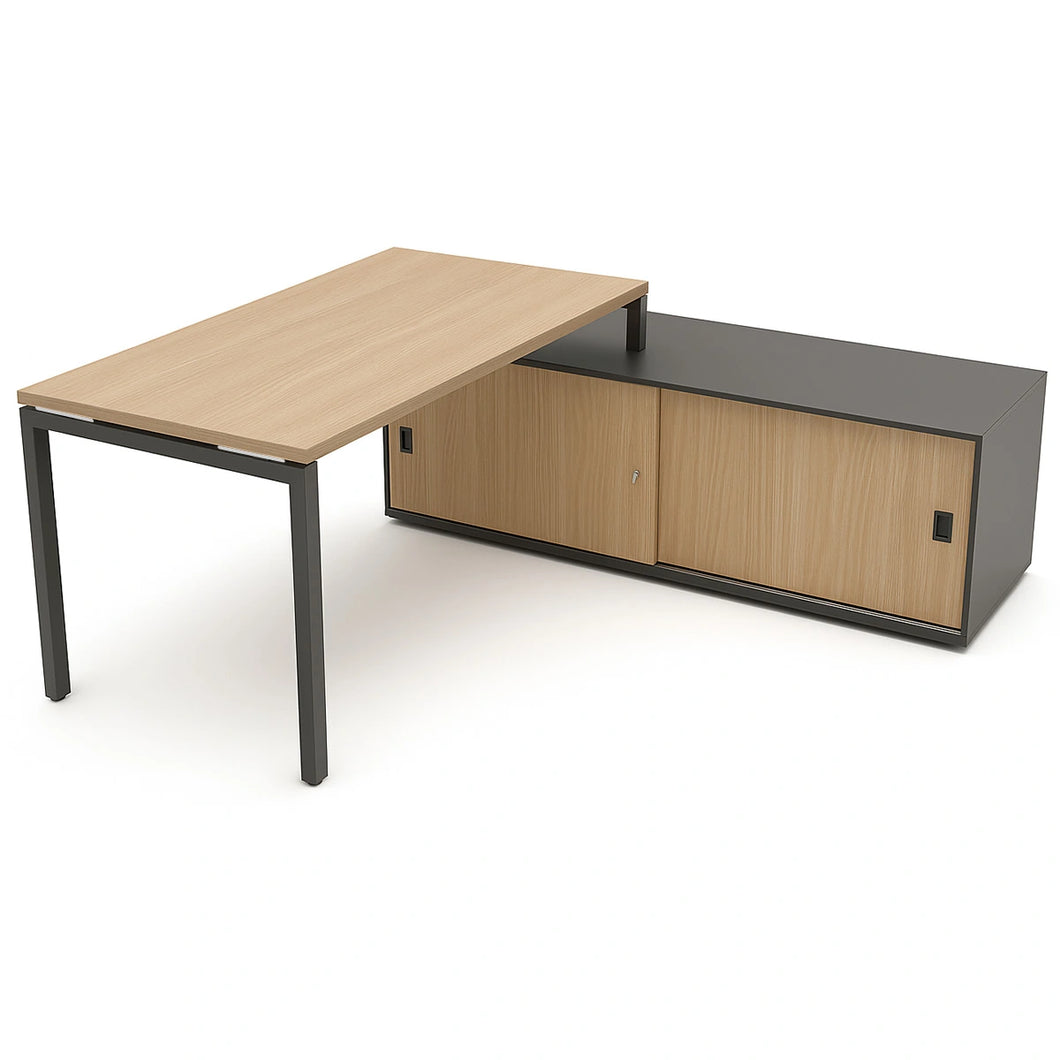 Mila corner desk with wooden surface and storage cabinets on a white background