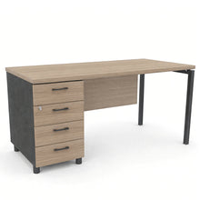 Load image into Gallery viewer, Mila office desk with modesty panel and matching four-drawer pedestal, in Elm finish with shadow grey legs
