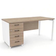 Load image into Gallery viewer, Mila office desk with modesty panel and matching four-drawer unit, in Elm finish with White legs
