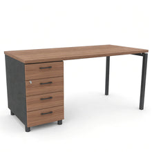 Load image into Gallery viewer, A modern office desk with drawers in american walnut finish and matching four-drawer pedestal cabinet, supported by slim black shadow grey legs, shown on a white background
