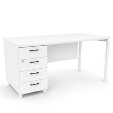 Load image into Gallery viewer, Mila office desk with modesty panel and lockable 4-drawer pedestal. Finished in white with white metal legs.
