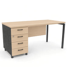 Load image into Gallery viewer, Mila office desk with modesty panel and four-drawer lockable unit. Finished in Oak with Shadow Grey legs.

