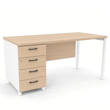 Load image into Gallery viewer, Mila office desk with modesty panel and lockable 4 drawer unit. Finished in Oak with White legs.
