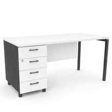 Load image into Gallery viewer, Mila office desk with modesty panel and 4 drawer lockable pedestal unit. Finished in White with Shadow Grey legs.
