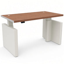 Load image into Gallery viewer, Ovation Standing Desk in Raised Position with Grey White Lacquered Legs &amp; American Walnut Worktop
