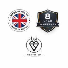 Load image into Gallery viewer, Made in the UK, 8 Year Warranty, BSI accreditation logos
