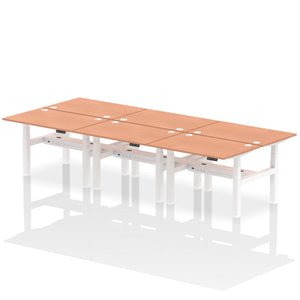 White and Beech 6 Person Height Adjustable Desk